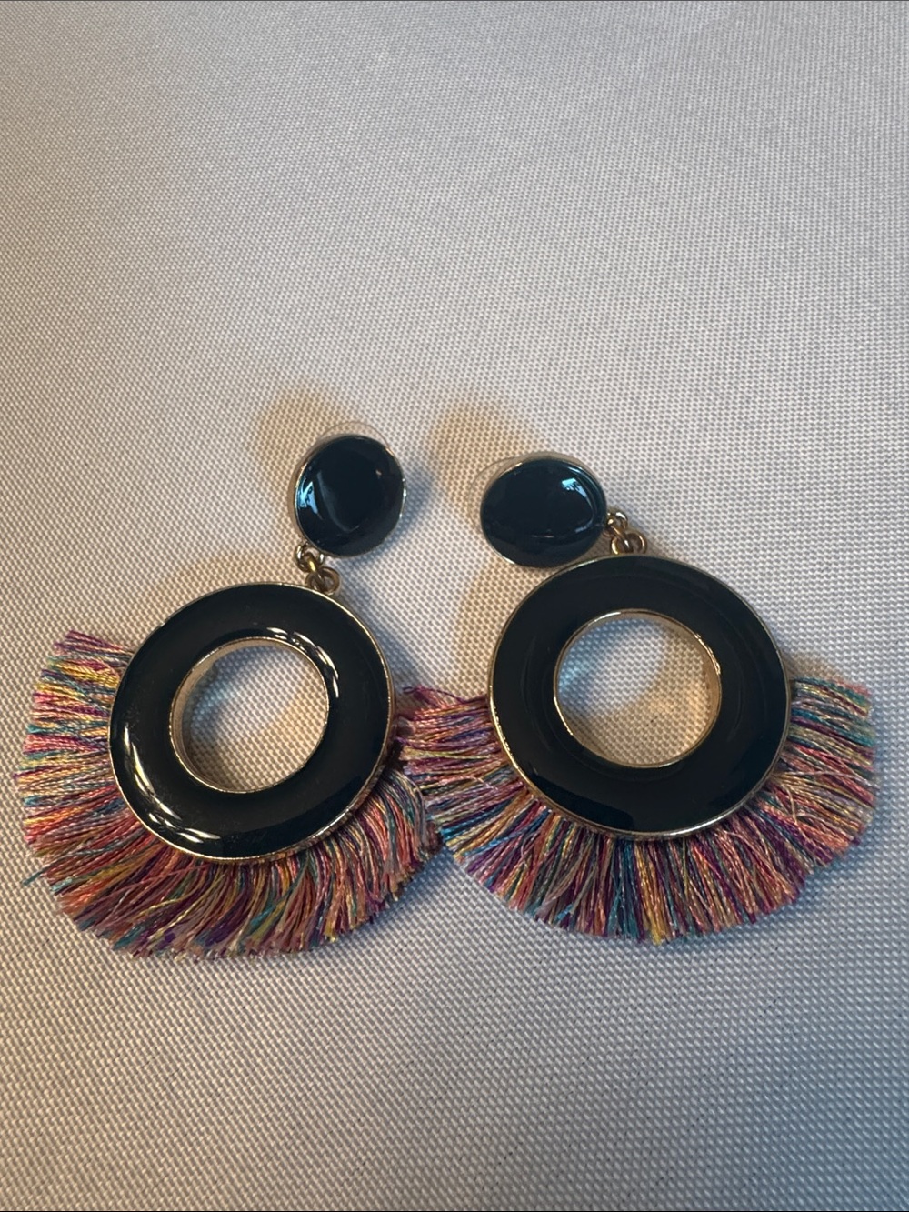 Multicolor Thread Fringe Hoop Earrings with Navy Enamel Accents